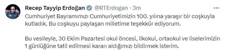 Cumhurbaşkanı Erdoğan duyurdu! 30 Ekim'de okullar tatil edildi