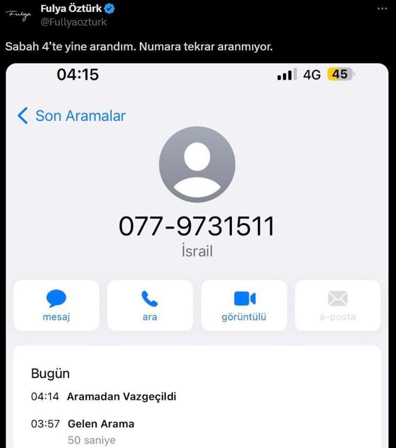 İsrail'de tehdit edilen Fulya Öztürk'e yeni telefon: Sabah 4'te yine arandım