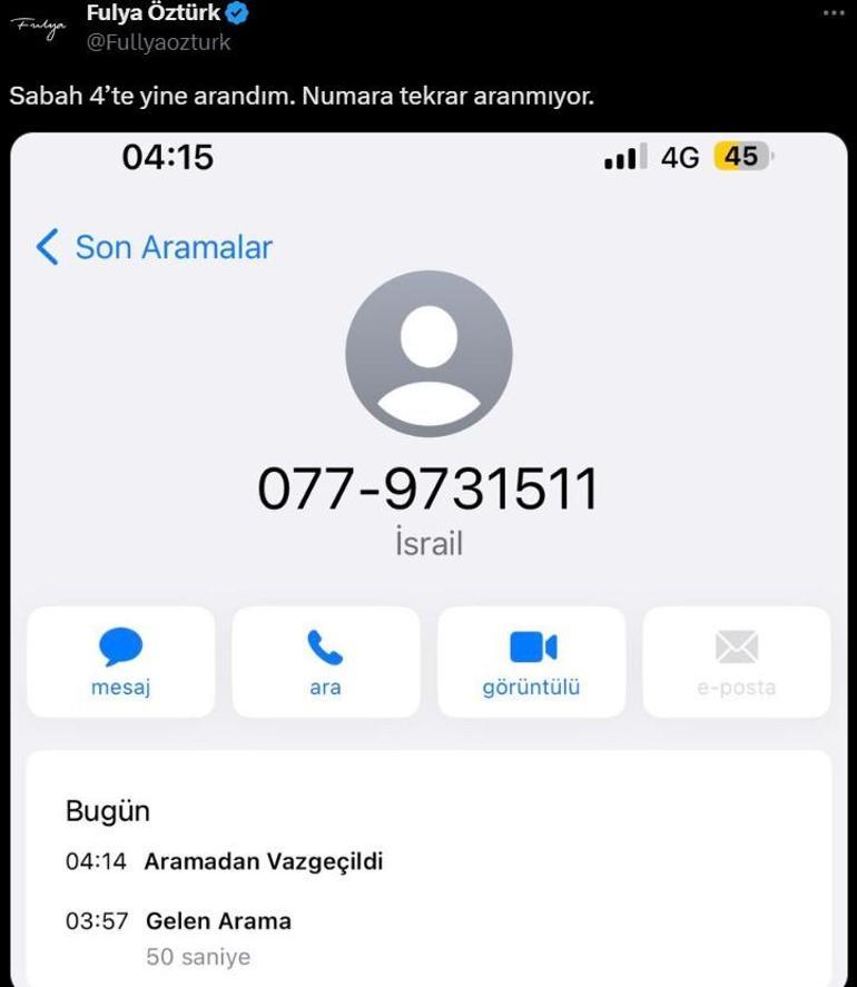 İsrail'de tehdit edilen Fulya Öztürk'e yeni telefon: Sabah 4'te yine arandım