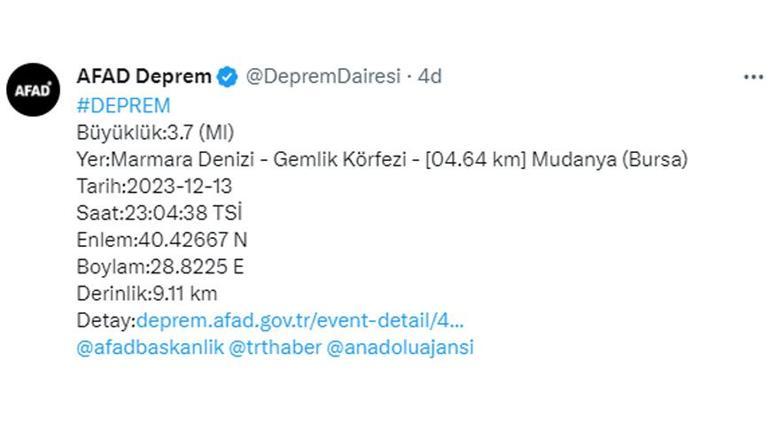 Marmara Denizi'nde korkutan deprem! AFAD: Bursa Mudanya'da 3.7'lik deprem