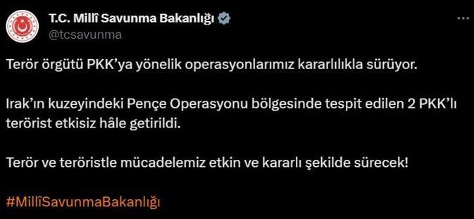 Irak kuzeyinde tespit edilen 2 PKK'lı etkisiz hale getirildi