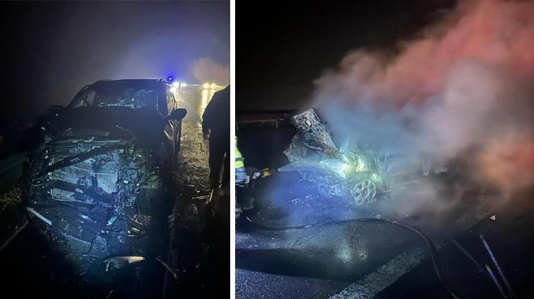 Bursa'da 2 otomobil çarpıştı! Otomobilin biri alev alev yandı