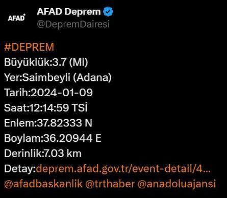 Adana'da 3.7 büyüklüğünde deprem!