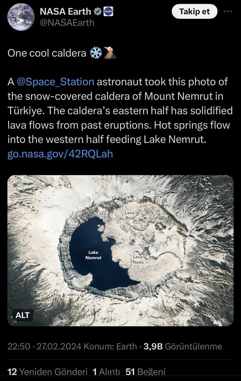 NASA'nın yeni gözdesi! Nemrut Krater Gölü'nün uzaydan fotoğrafladılar