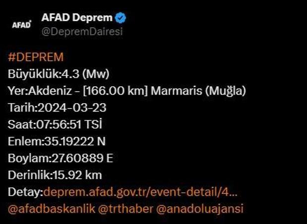 Muğla açıklarında 4.3'lük deprem! AFAD ve Kandilli'den son dakika açıklamaları