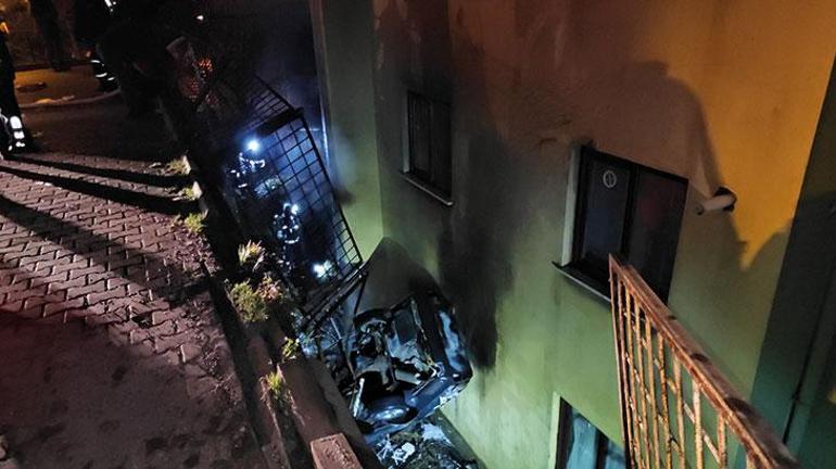 Zonguldak'ta 10 metre yükseklikten düşen otomobil alev alev yandı