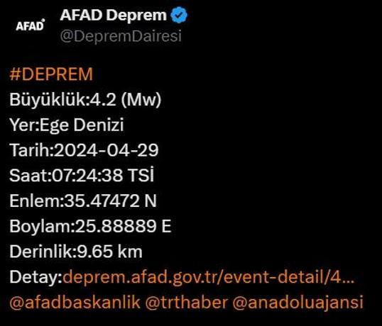 Ege Denizi'nde 4.2 büyüklüğünde deprem