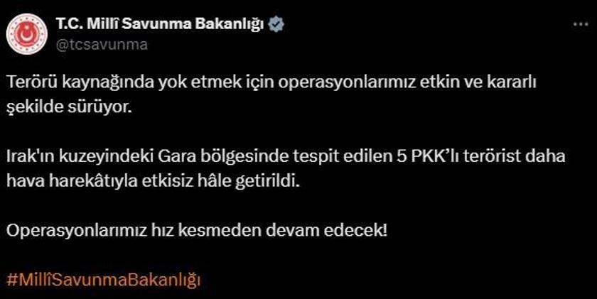 Gara'da tespit edilen 5 PKK'lı etkisiz hale getirildi